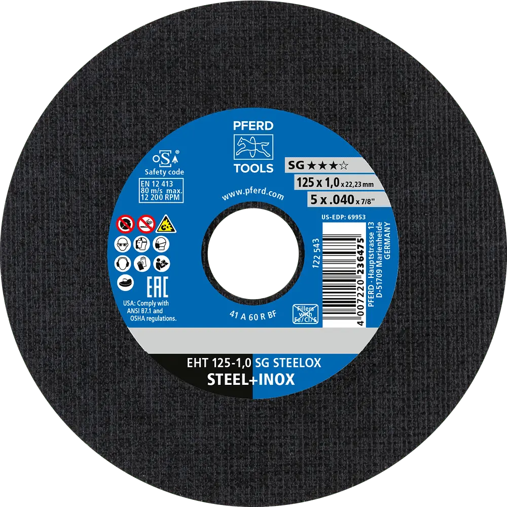 PFERD TOOLS Trennscheibe EHT 125x1,0x22,23 mm gerade Leistungslinie SG STEELOX für Stahl/Edelstahl (5), 5 Stk.