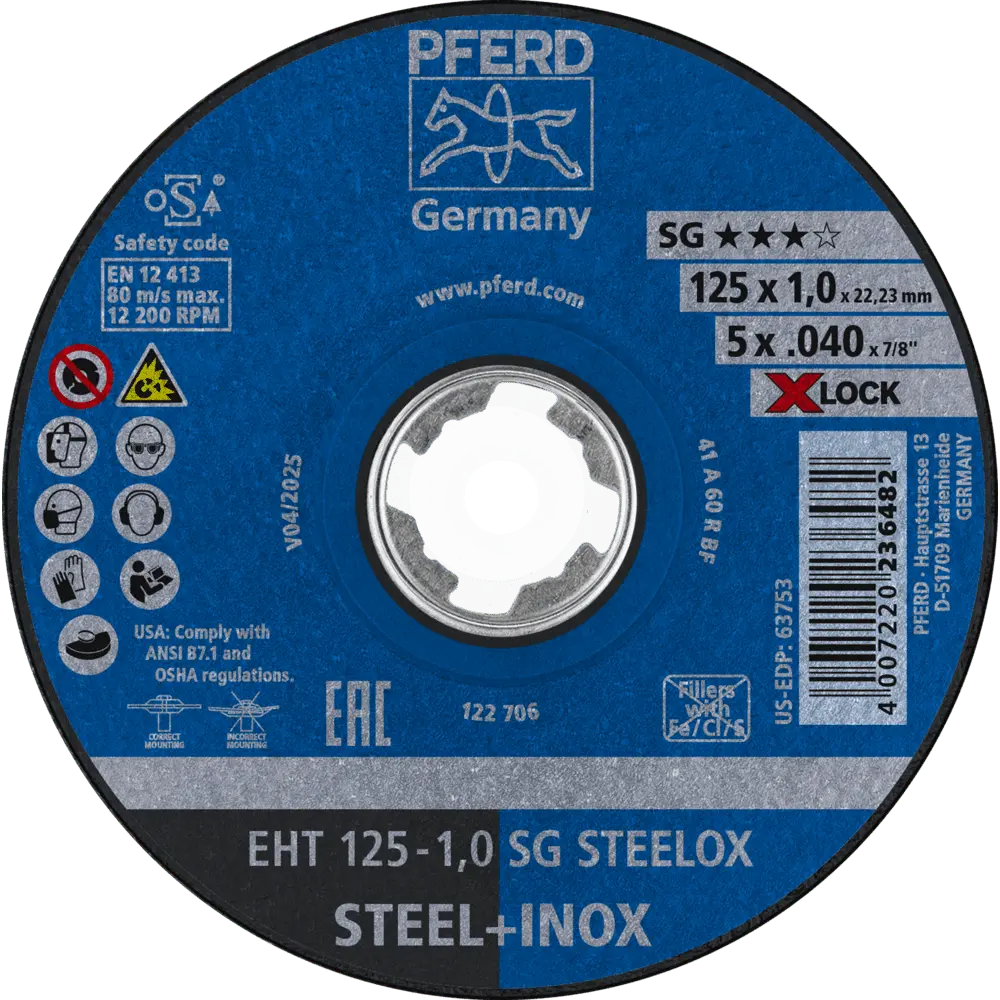 Produktfoto 1 von PFERD TOOLS Trennscheibe EHT 125x1,0mm X-LOCK gerade Leistungslinie SG STEELOX für Stahl/Edelstahl, 25 Stk.