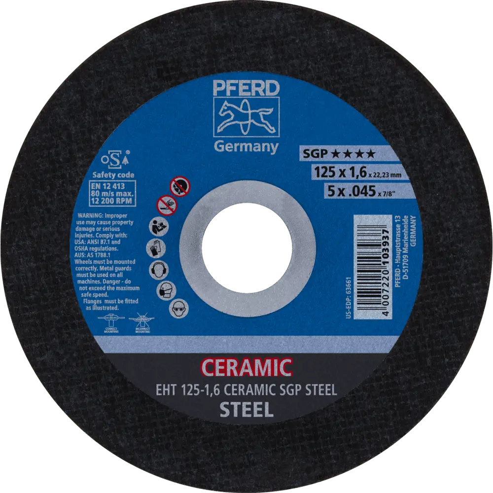 Produktfoto 1 von PFERD TOOLS Trennscheibe EHT 125x1,6x22,23 mm gerade CERAMIC Speziallinie SGP STEEL für Stahl, 25 Stk.