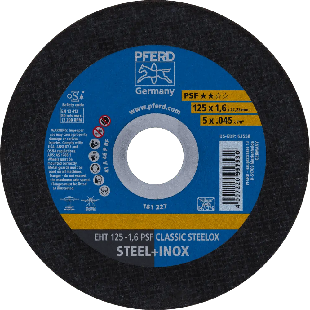 Produktfoto 1 von PFERD TOOLS Trennscheibe EHT 125x1,6x22,23 mm gerade Universallinie PSF CLASSIC STEELOX für Stahl/VA, 25 Stk.