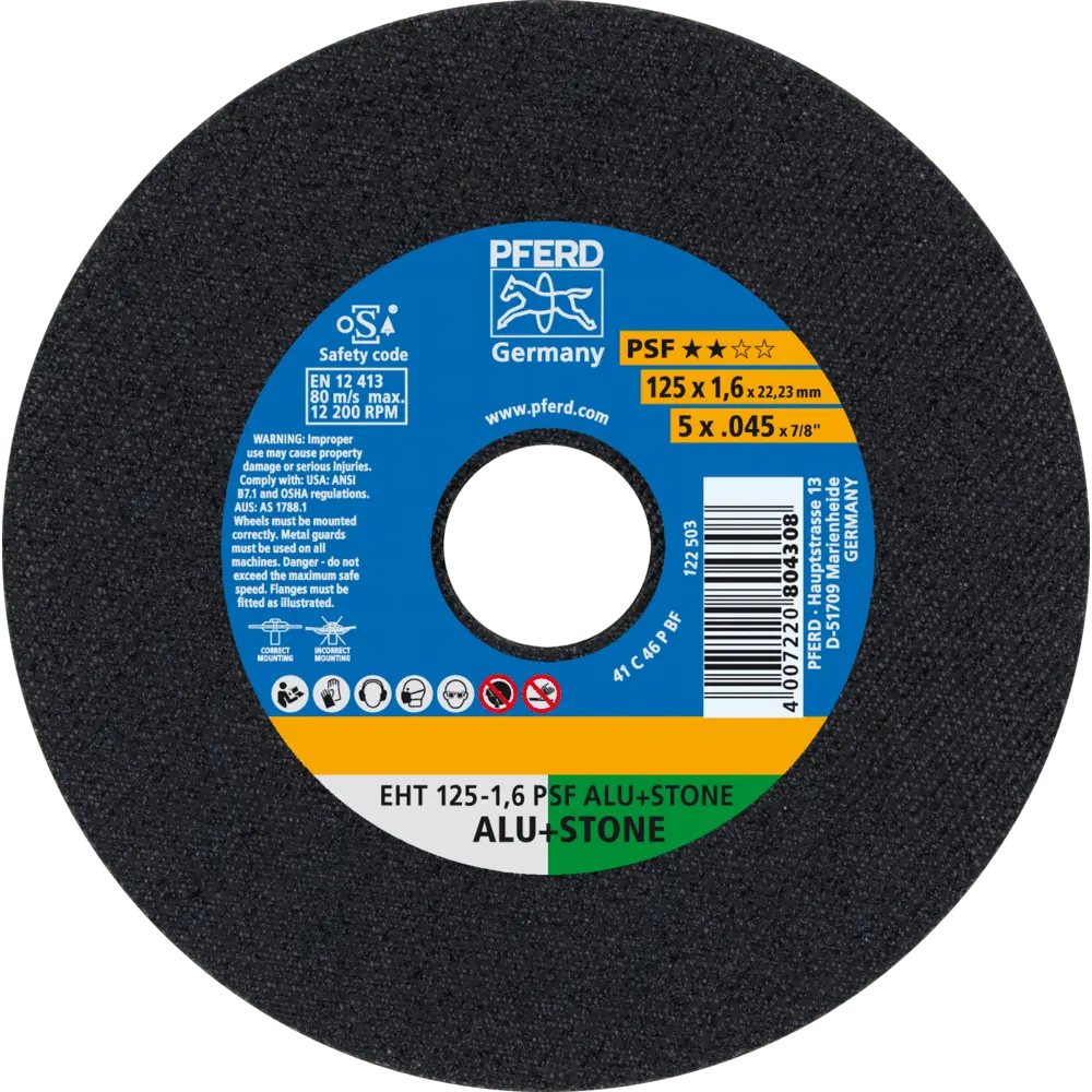 Produktfoto 1 von PFERD TOOLS Trennscheibe EHT 125x1,6x22,23 mm gerade Uni.-Linie PSF ALU+STONE für Alu/NE-Met./Stein/PVC, 25 Stk.
