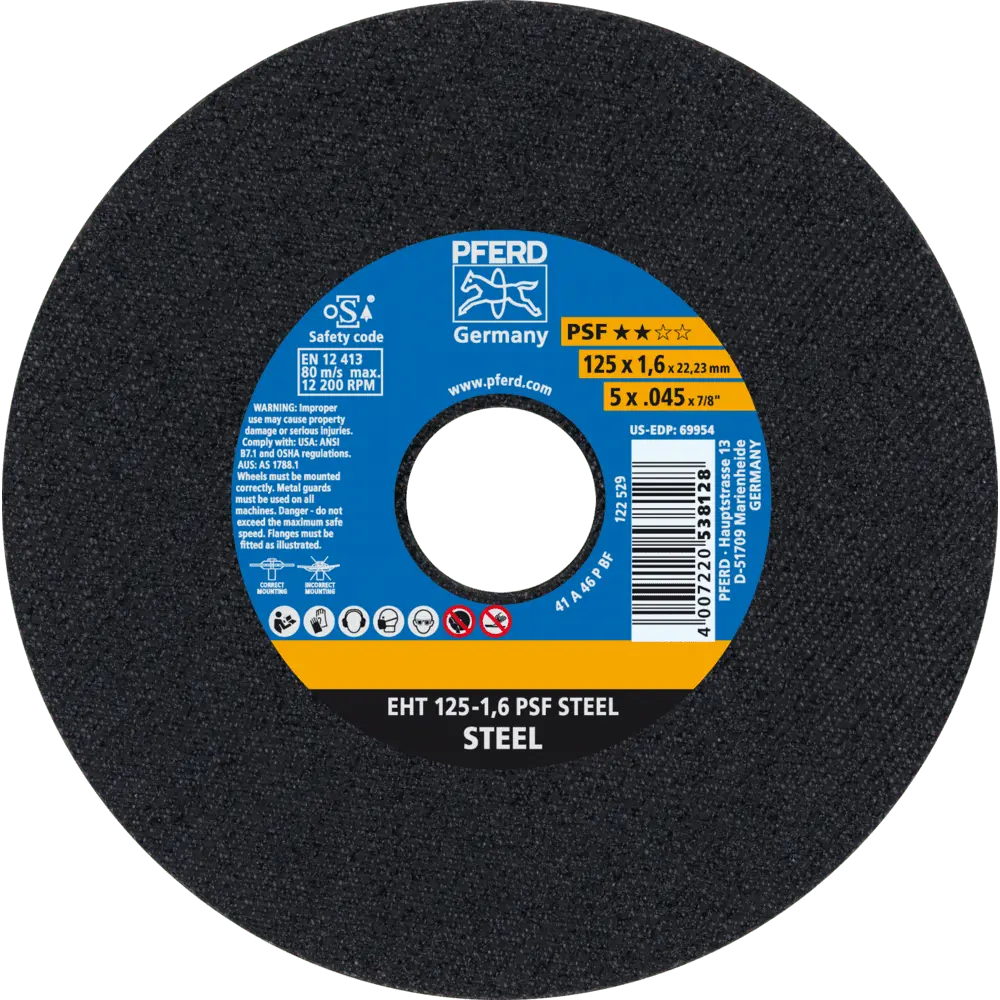 Produktfoto 1 von PFERD TOOLS Trennscheibe EHT 125x1,6x22,23 mm gerade Universallinie PSF STEEL für Stahl, 25 Stk.