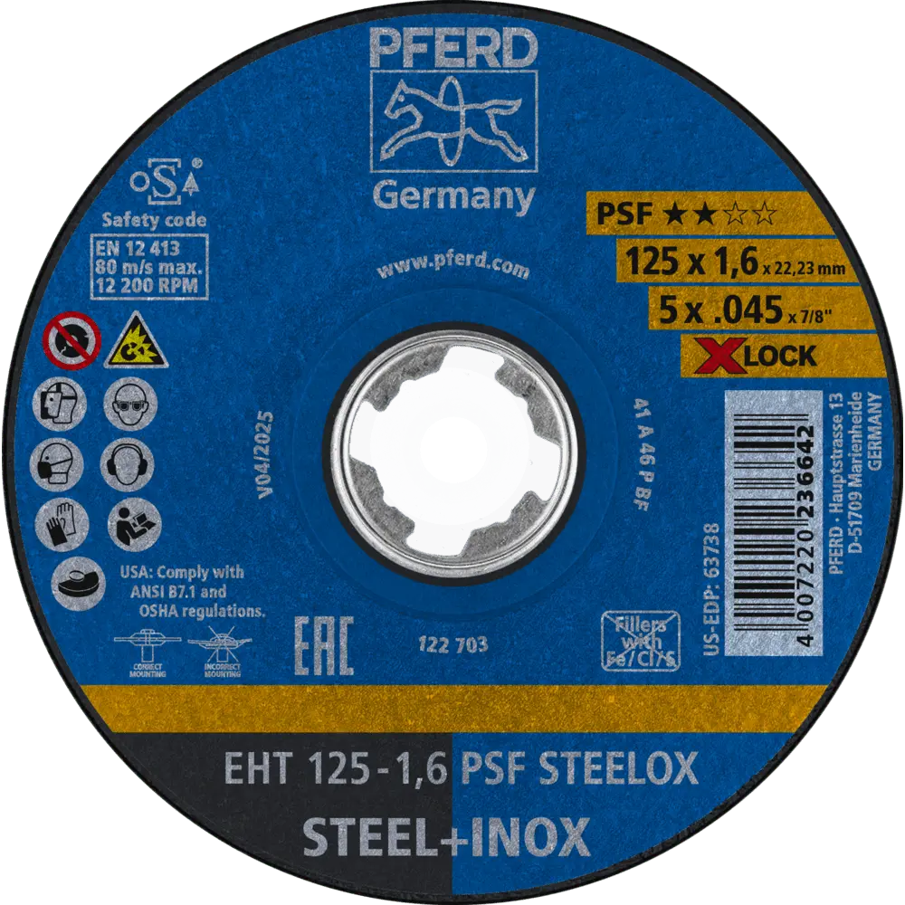 Produktfoto 1 von PFERD TOOLS Trennscheibe EHT 125x1,6 mm X-LOCK gerade Universallinie PSF STEELOX für Stahl/Edelstahl, 25 Stk.