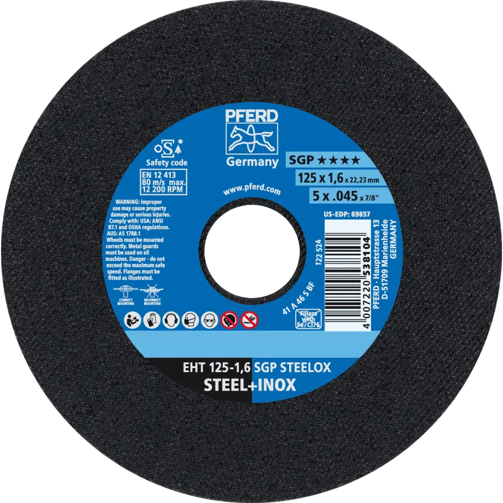 Produktfoto 1 von PFERD TOOLS Trennscheibe EHT 125x1,6x22,23 mm gerade Speziallinie SGP STEELOX für Stahl/Edelstahl, 25 Stk.
