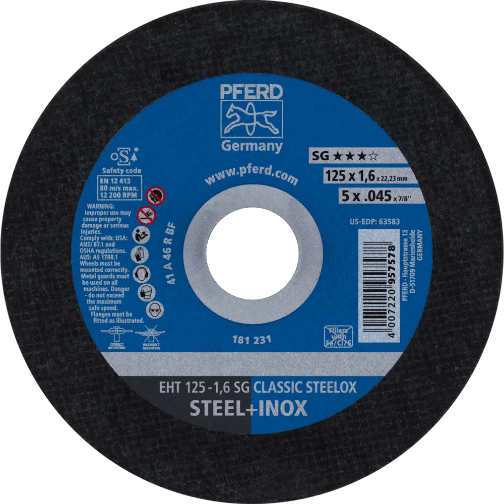 Produktfoto 1 von PFERD TOOLS Trennscheibe EHT 125x1,6x22,23 mm gerade Leistungslinie SG CLASSIC STEELOX für Stahl/VA, 25 Stk.