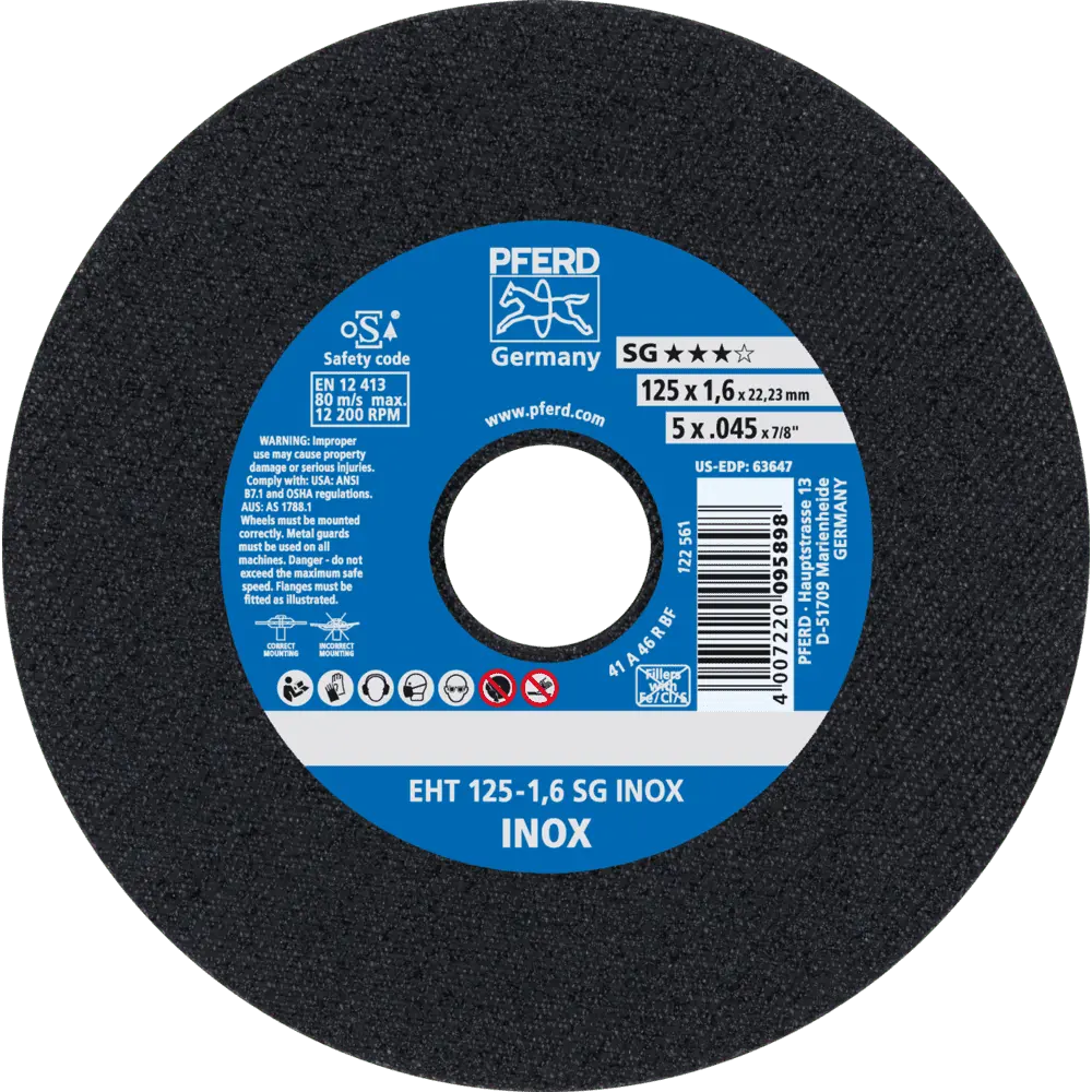 Produktfoto 1 von PFERD TOOLS Trennscheibe EHT 125x1,6x22,23 mm gerade Leistungslinie SG INOX für Edelstahl, 25 Stk.