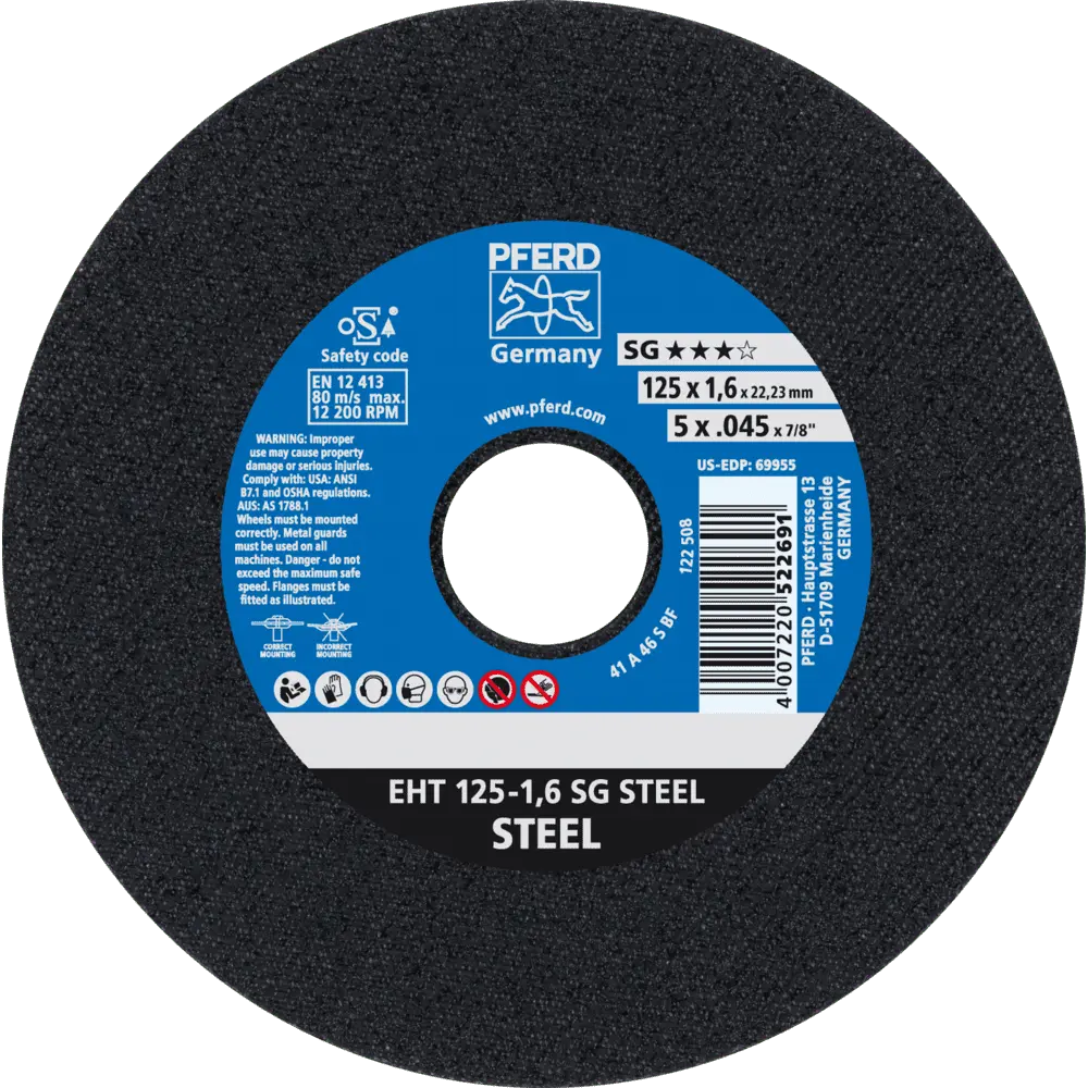 Produktfoto 1 von PFERD TOOLS Trennscheibe EHT 125x1,6x22,23 mm gerade Leistungslinie SG STEEL für Stahl, 25 Stk.