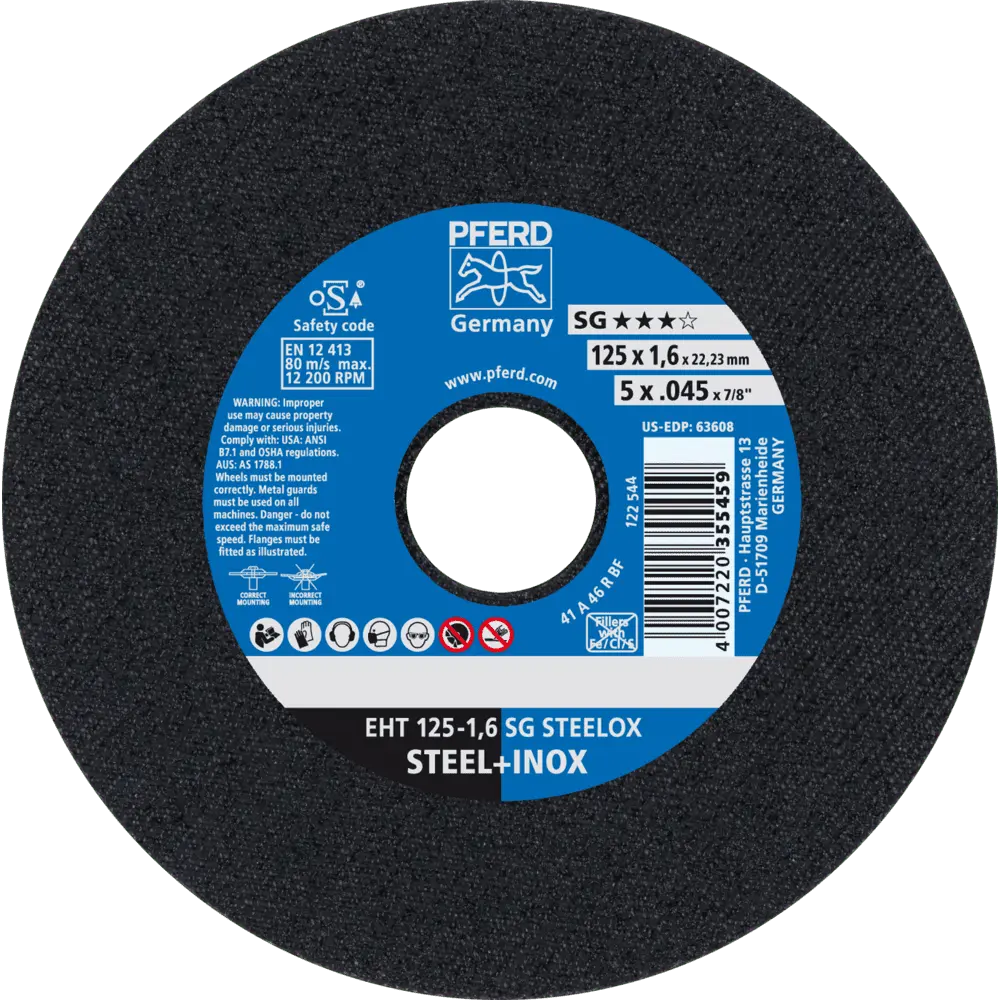 Produktfoto 1 von PFERD TOOLS Trennscheibe EHT 125x1,6x22,23 mm gerade Leistungslinie SG STEELOX für Stahl/Edelstahl, 25 Stk.