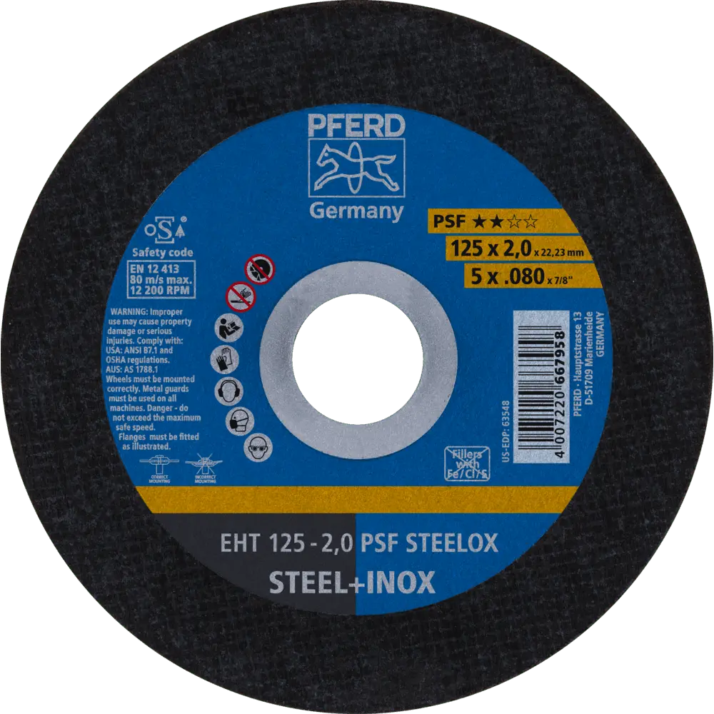 Produktfoto 1 von PFERD TOOLS Trennscheibe EHT 125x2,0x22,23 mm gerade Universallinie PSF STEELOX für Stahl/Edelstahl, 25 Stk.