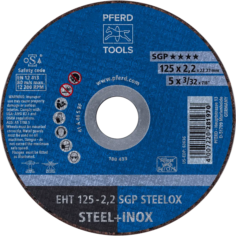 Produktfoto 1 von PFERD TOOLS Trennscheibe EHT 125x2,2x22,23 mm gerade Speziallinie SGP STEELOX für Stahl/Edelstahl, 25 Stk.
