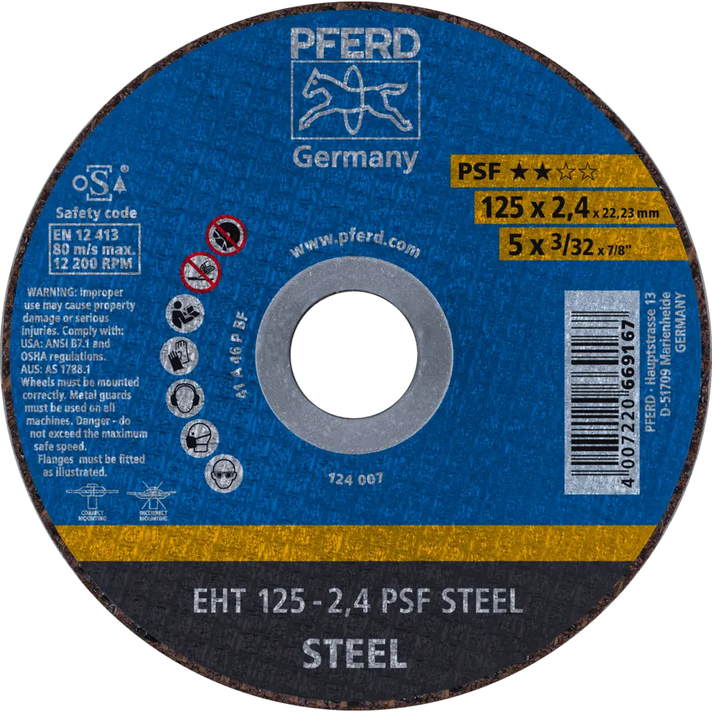 Produktfoto 1 von PFERD TOOLS Trennscheibe EHT 125x2,4x22,23 mm gerade Universallinie PSF STEEL für Stahl, 25 Stk.