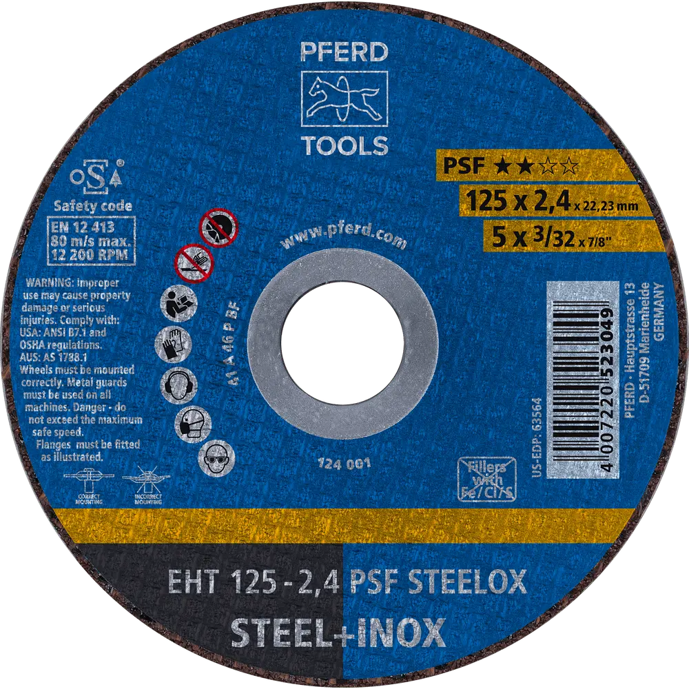 Produktfoto 1 von PFERD TOOLS Trennscheibe EHT 125x2,4x22,23 mm gerade Universallinie PSF STEELOX für Stahl/Edelstahl, 25 Stk.