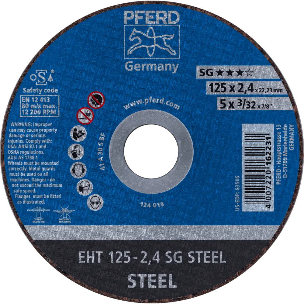 Produktfoto 1 von PFERD TOOLS Trennscheibe EHT 125x2,4x22,23 mm gerade Leistungslinie SG STEEL für Stahl, 25 Stk.