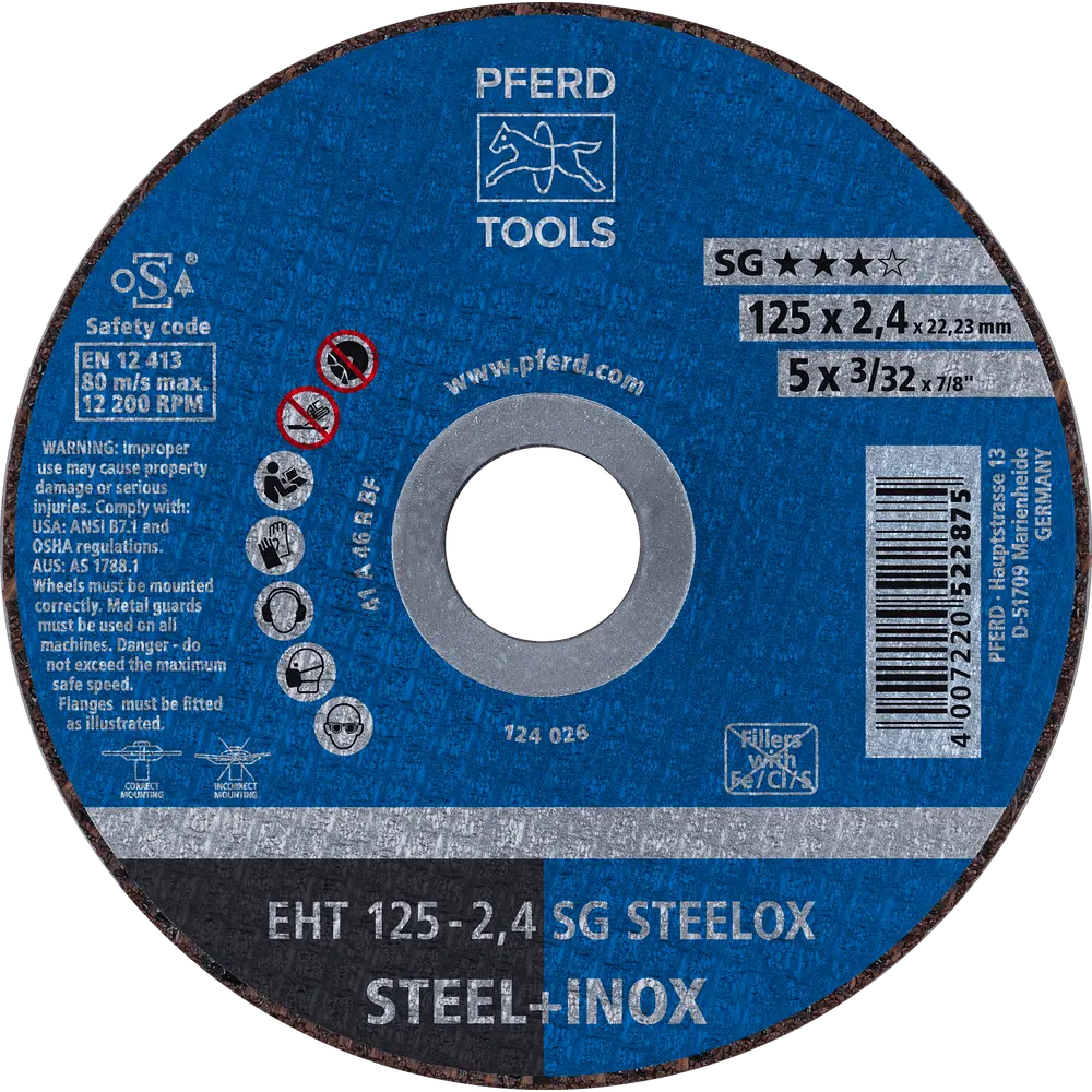 Produktfoto 1 von PFERD TOOLS Trennscheibe EHT 125x2,4x22,23 mm gerade Leistungslinie SG STEELOX für Stahl/Edelstahl, 25 Stk.