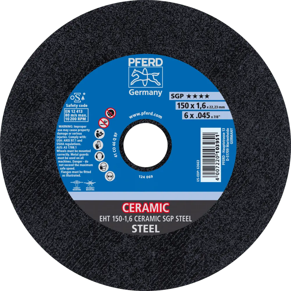 Produktfoto 1 von PFERD TOOLS Trennscheibe EHT 150x1,6x22,23 mm gerade CERAMIC Speziallinie SGP STEEL für Stahl, 25 Stk.