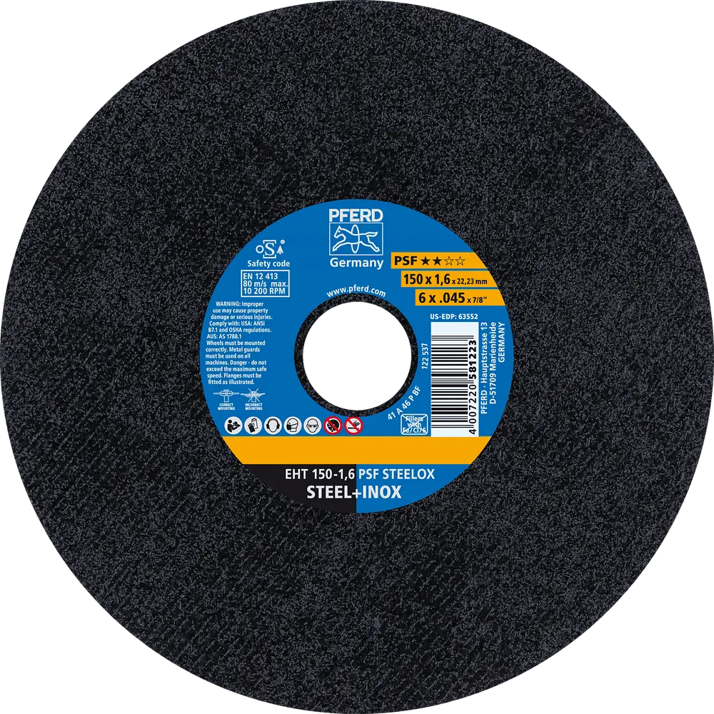 Produktfoto 1 von PFERD TOOLS Trennscheibe EHT 150x1,6x22,23 mm gerade Universallinie PSF STEELOX für Stahl/Edelstahl, 25 Stk.