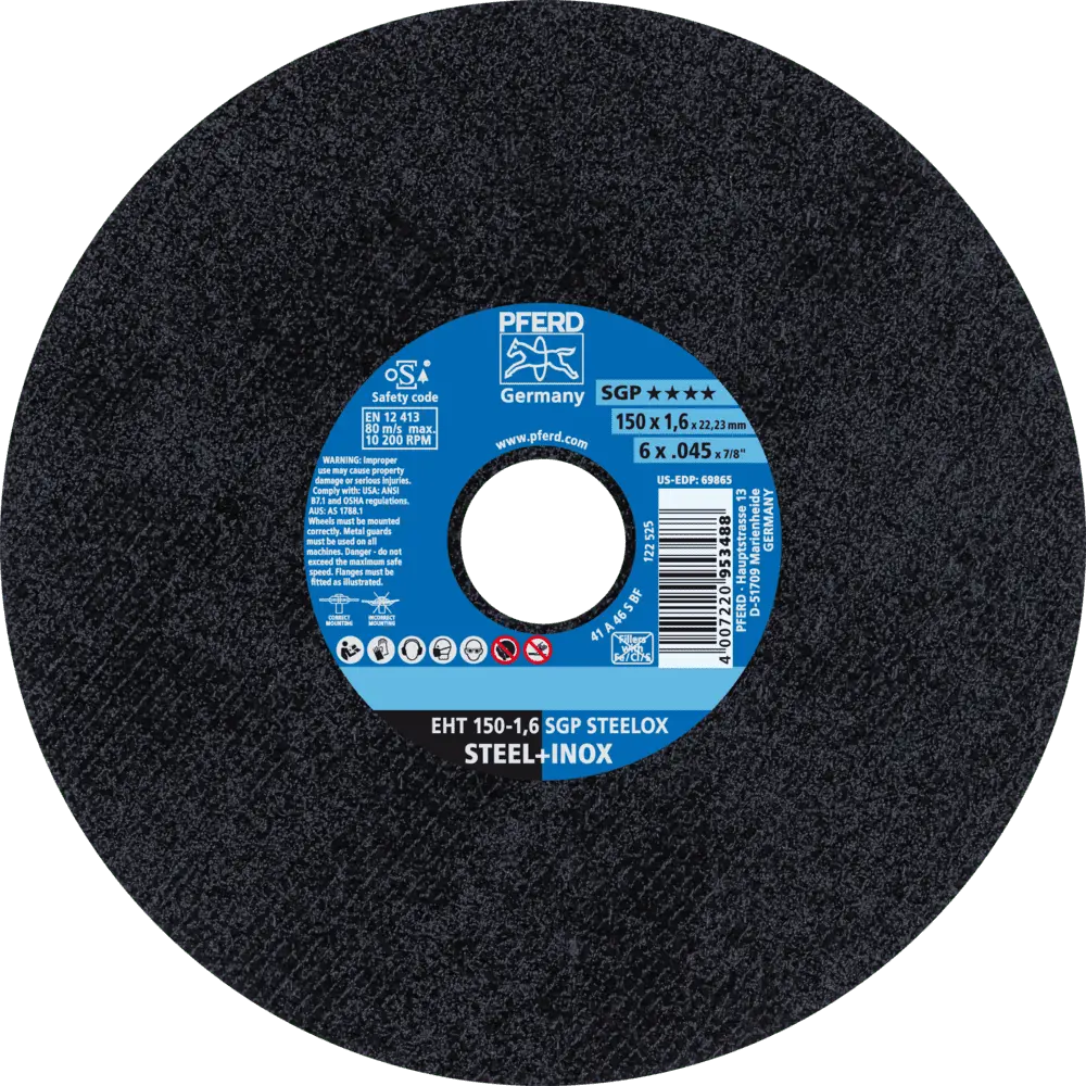 Produktfoto 1 von PFERD TOOLS Trennscheibe EHT 150x1,6x22,23 mm gerade Speziallinie SGP STEELOX für Stahl/Edelstahl, 25 Stk.