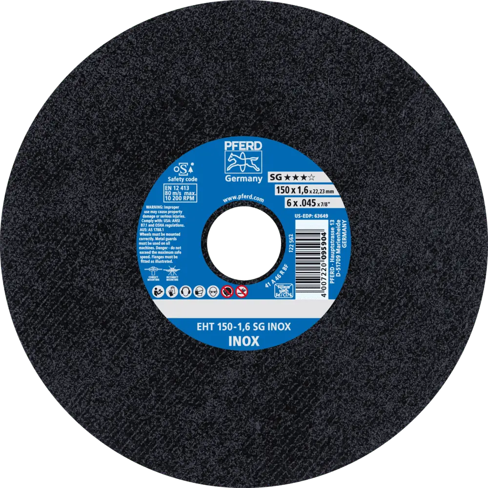 Produktfoto 1 von PFERD TOOLS Trennscheibe EHT 150x1,6x22,23 mm gerade Leistungslinie SG INOX für Edelstahl, 25 Stk.