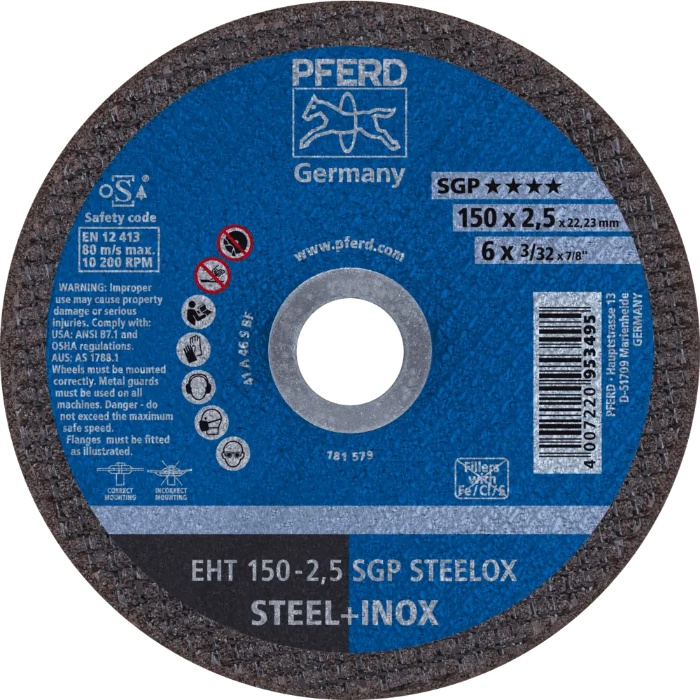 Produktfoto 1 von PFERD TOOLS Trennscheibe EHT 150x2,5x22,23 mm gerade Speziallinie SGP STEELOX für Stahl/Edelstahl, 25 Stk.