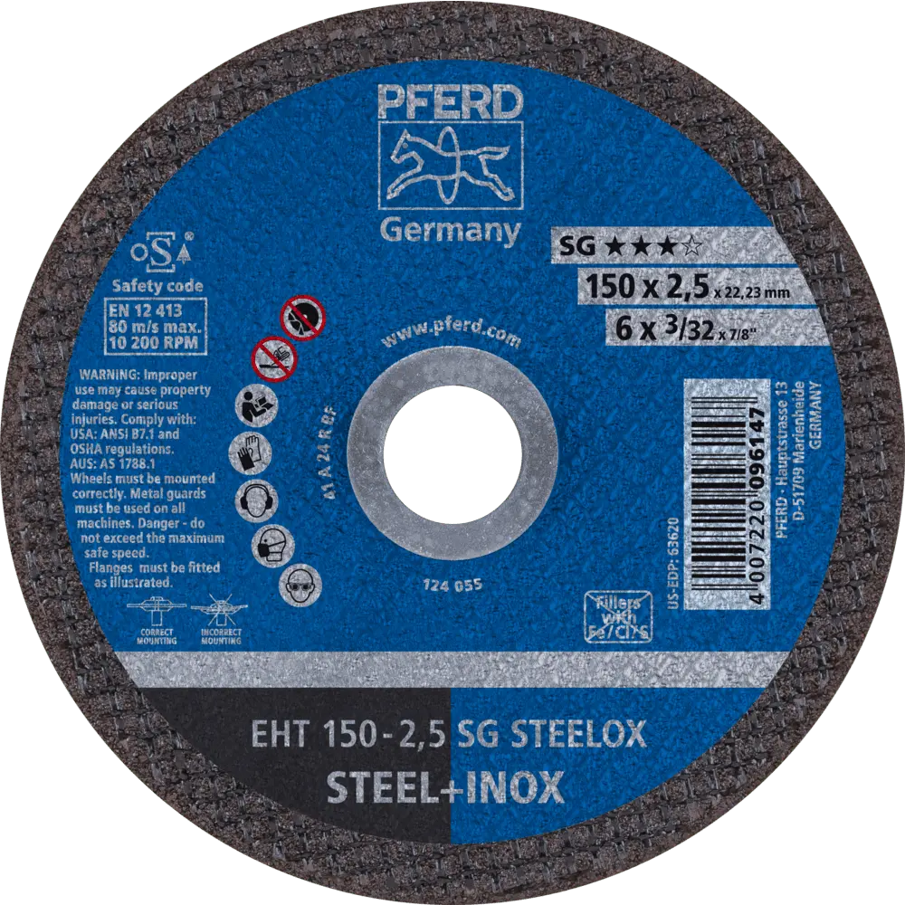 Produktfoto 1 von PFERD TOOLS Trennscheibe EHT 150x2,5x22,23 mm gerade Leistungslinie SG STEELOX für Stahl/Edelstahl, 25 Stk.