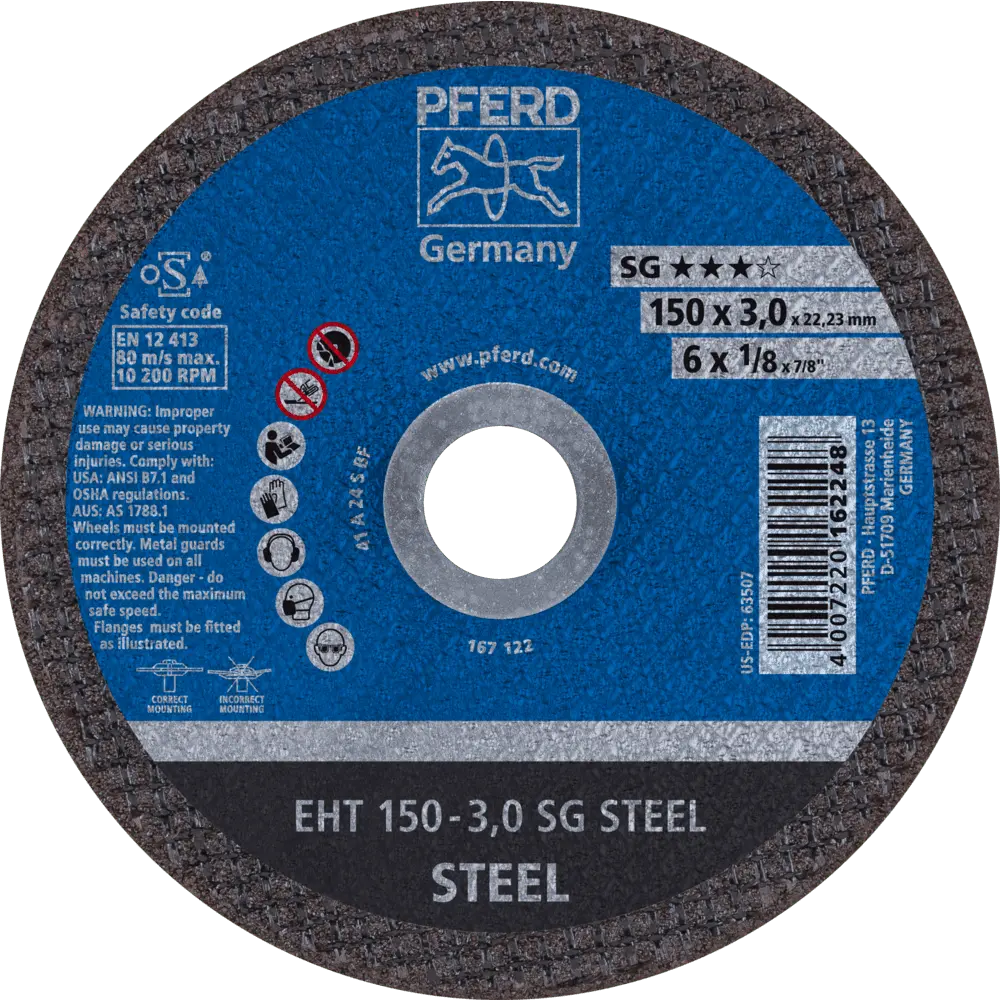 Produktfoto 1 von PFERD TOOLS Trennscheibe EHT 150x3,0x22,23 mm gerade Leistungslinie SG STEEL für Stahl, 25 Stk.