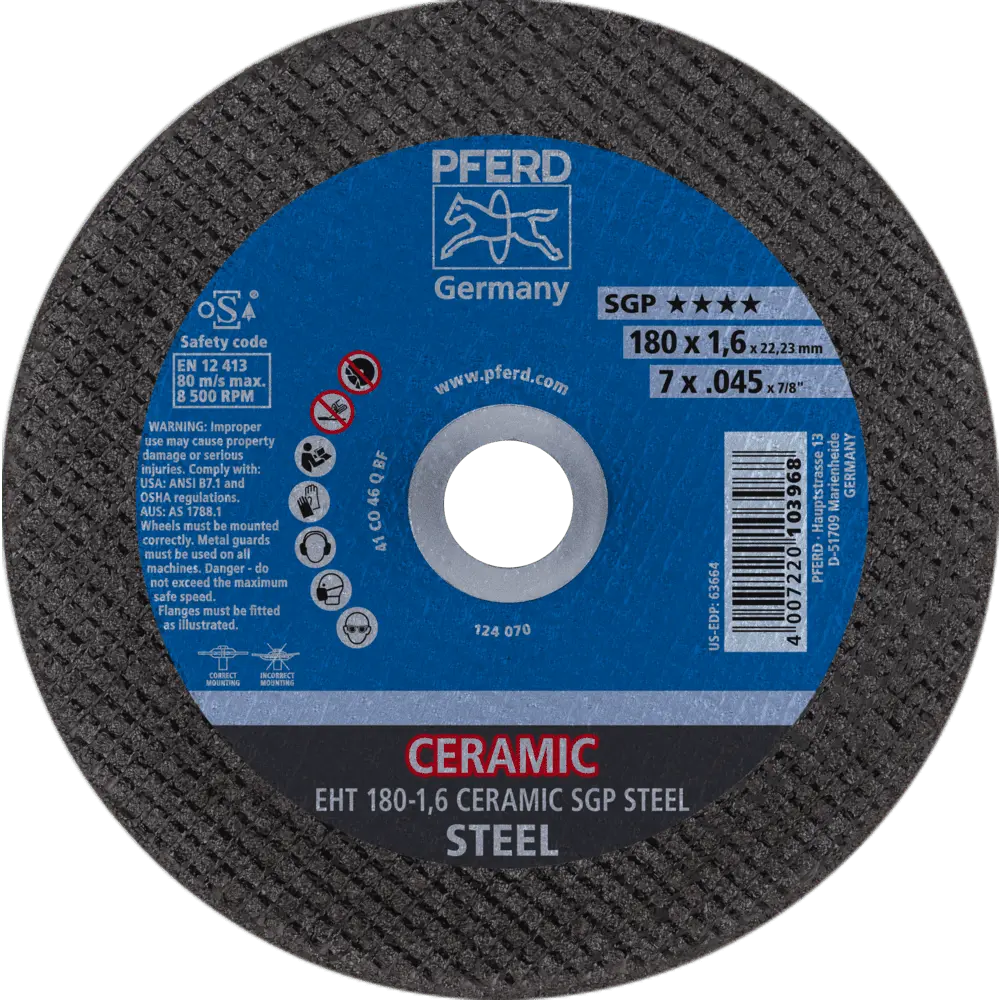 Produktfoto 1 von PFERD TOOLS Trennscheibe EHT 180x1,6x22,23 mm gerade CERAMIC Speziallinie SGP STEEL für Stahl, 25 Stk.