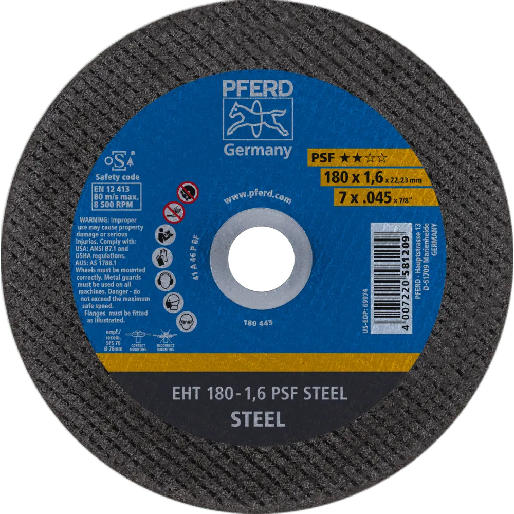 Produktfoto 1 von PFERD TOOLS Trennscheibe EHT 180x1,6x22,23 mm gerade Universallinie PSF STEEL für Stahl, 25 Stk.