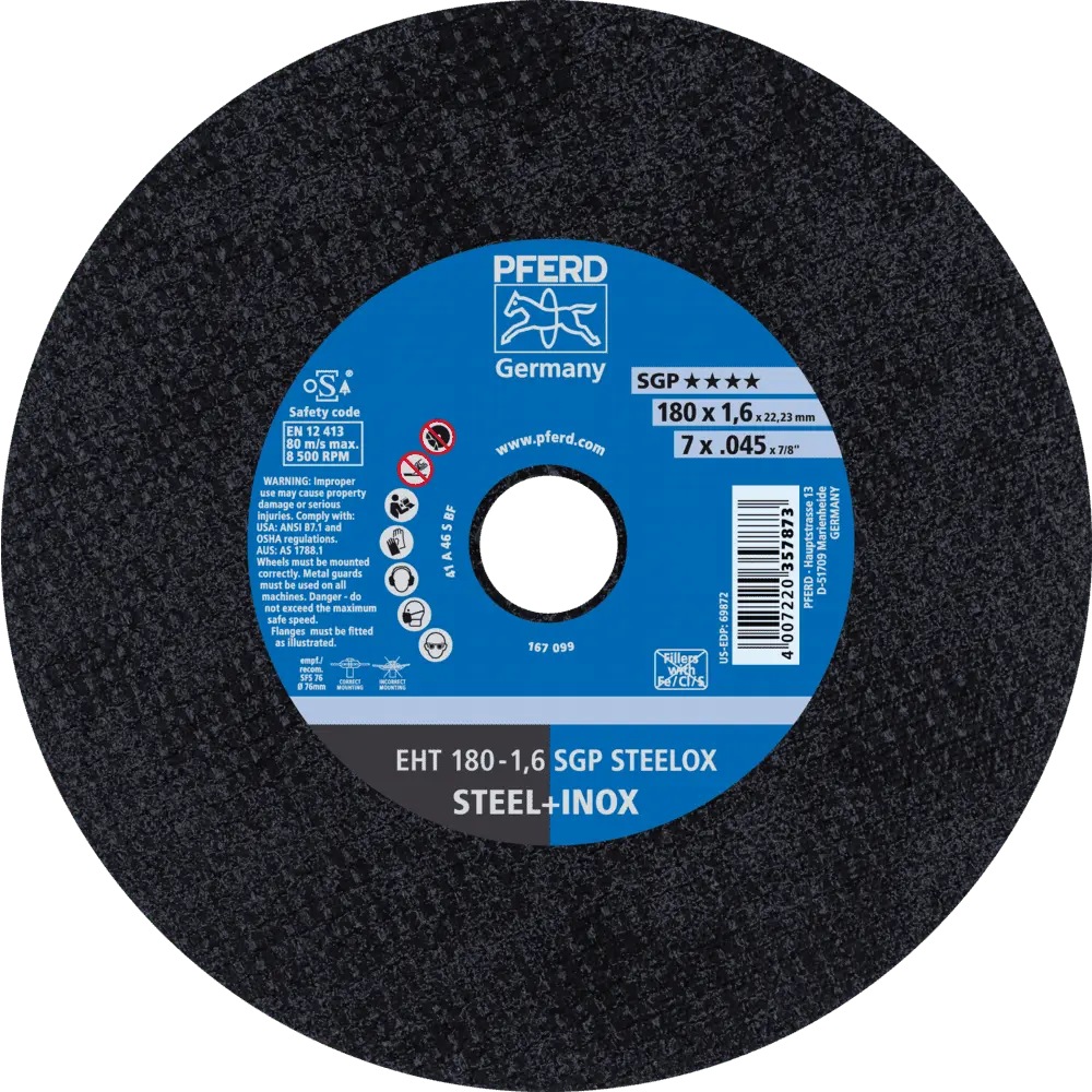 Produktfoto 1 von PFERD TOOLS Trennscheibe EHT 180x1,6x22,23 mm gerade Speziallinie SGP STEELOX für Stahl/Edelstahl, 25 Stk.