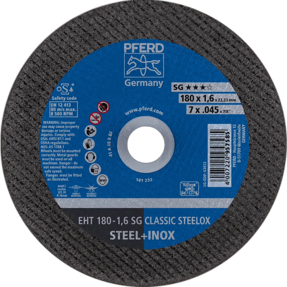 Produktfoto 1 von PFERD TOOLS Trennscheibe EHT 180x1,6x22,23 mm gerade Leistungslinie SG CLASSIC STEELOX für Stahl/VA, 25 Stk.