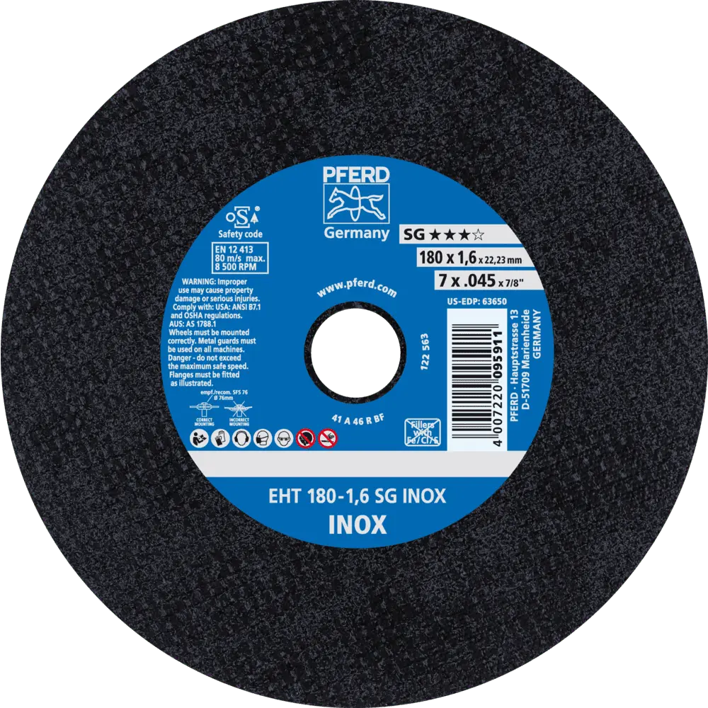 Produktfoto 1 von PFERD TOOLS Trennscheibe EHT 180x1,6x22,23 mm gerade Leistungslinie SG INOX für Edelstahl, 25 Stk.