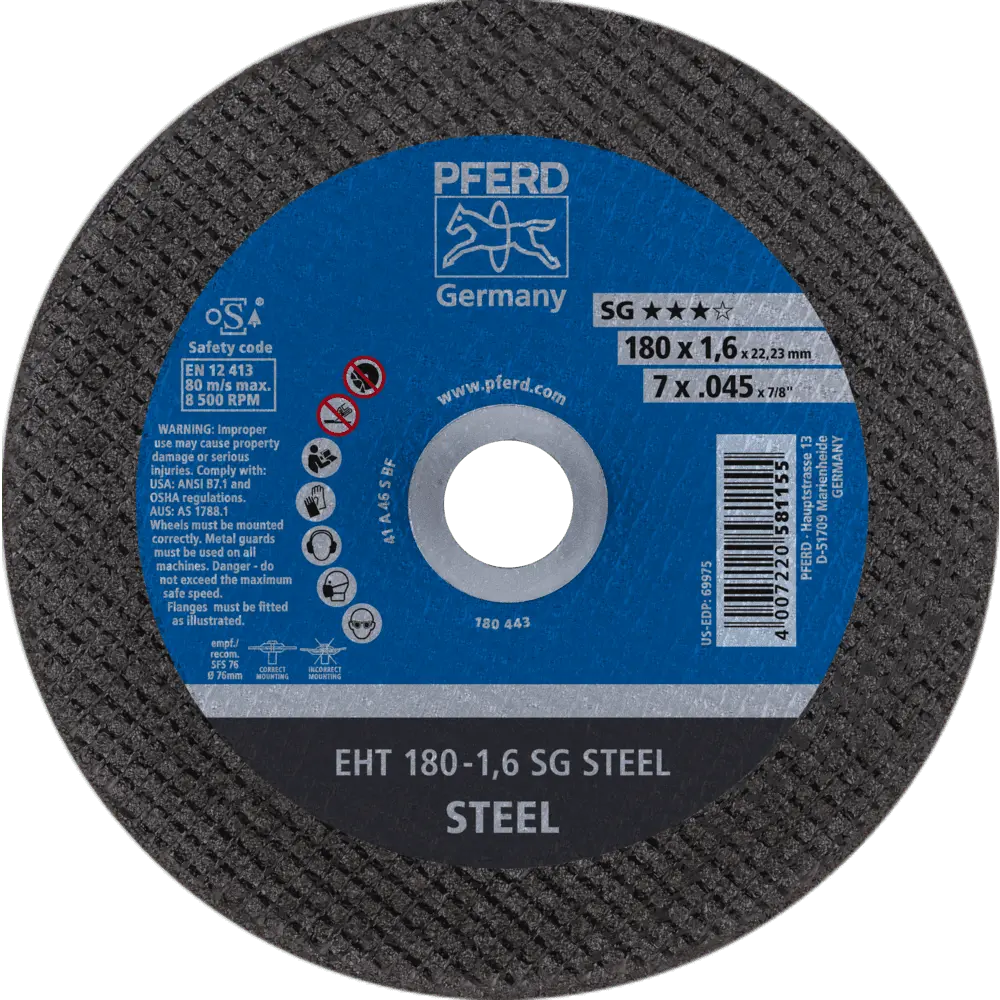 Produktfoto 1 von PFERD TOOLS Trennscheibe EHT 180x1,6x22,23 mm gerade Leistungslinie SG STEEL für Stahl, 25 Stk.