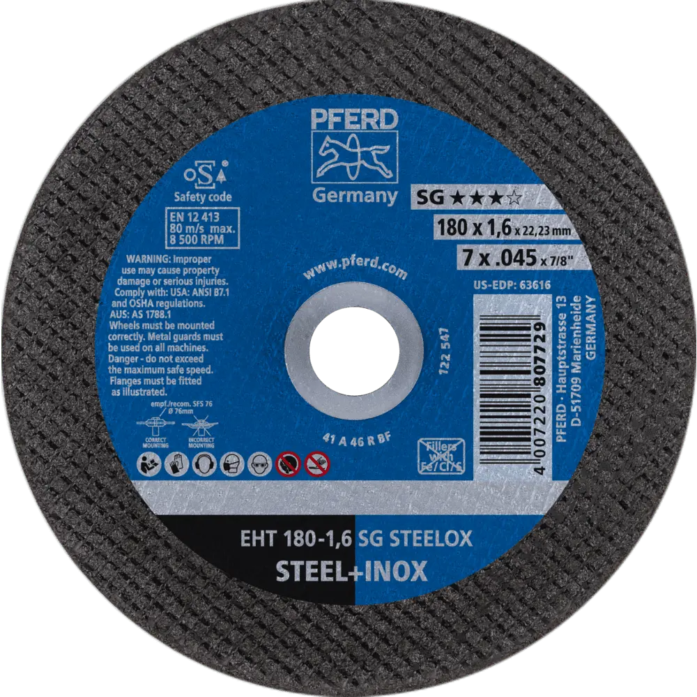 Produktfoto 1 von PFERD TOOLS Trennscheibe EHT 180x1,6x22,23 mm gerade Leistungslinie SG STEELOX für Stahl/Edelstahl, 25 Stk.