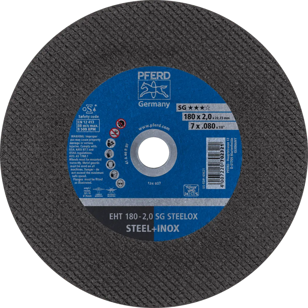 Produktfoto 1 von PFERD TOOLS Trennscheibe EHT 180x2,0x22,23 mm gerade Leistungslinie SG STEELOX für Stahl/Edelstahl, 25 Stk.