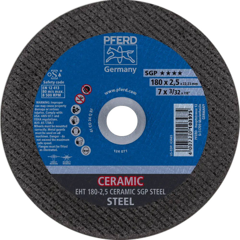 Produktfoto 1 von PFERD TOOLS Trennscheibe EHT 180x2,5x22,23 mm gerade CERAMIC Speziallinie SGP STEEL für Stahl, 25 Stk.