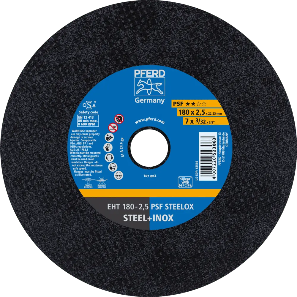 Produktfoto 1 von PFERD TOOLS Trennscheibe EHT 180x2,5x22,23 mm gerade Universallinie PSF STEELOX für Stahl/Edelstahl, 25 Stk.