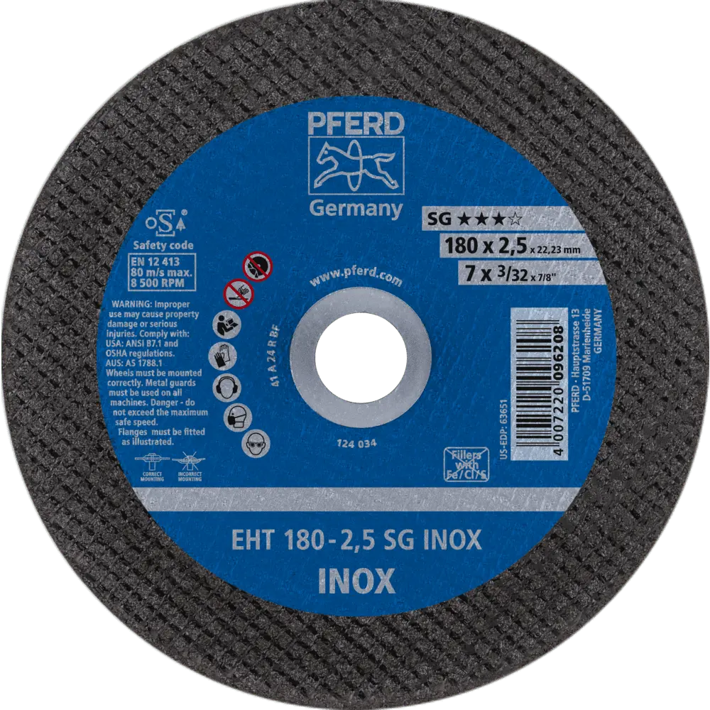 Produktfoto 1 von PFERD TOOLS Trennscheibe EHT 180x2,5x22,23 mm gerade Leistungslinie SG INOX für Edelstahl, 25 Stk.