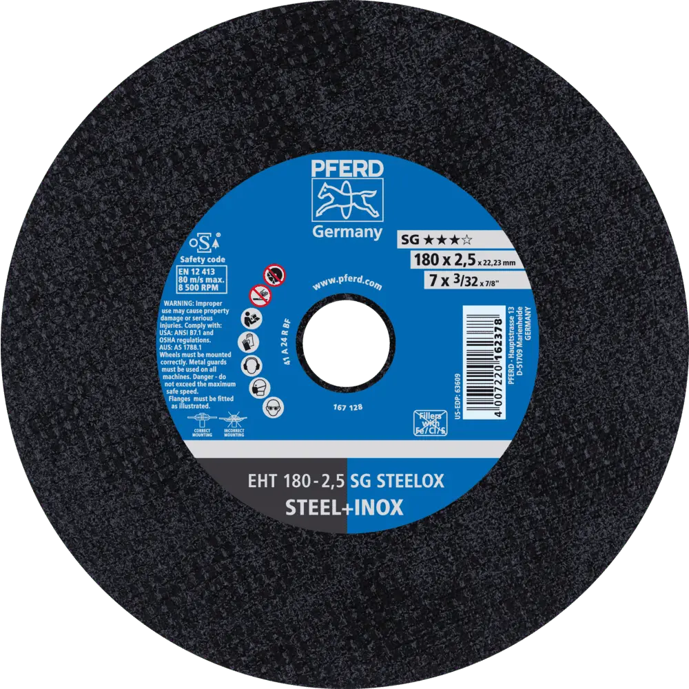 Produktfoto 1 von PFERD TOOLS Trennscheibe EHT 180x2,5x22,23 mm gerade Leistungslinie SG STEELOX für Stahl/Edelstahl, 25 Stk.