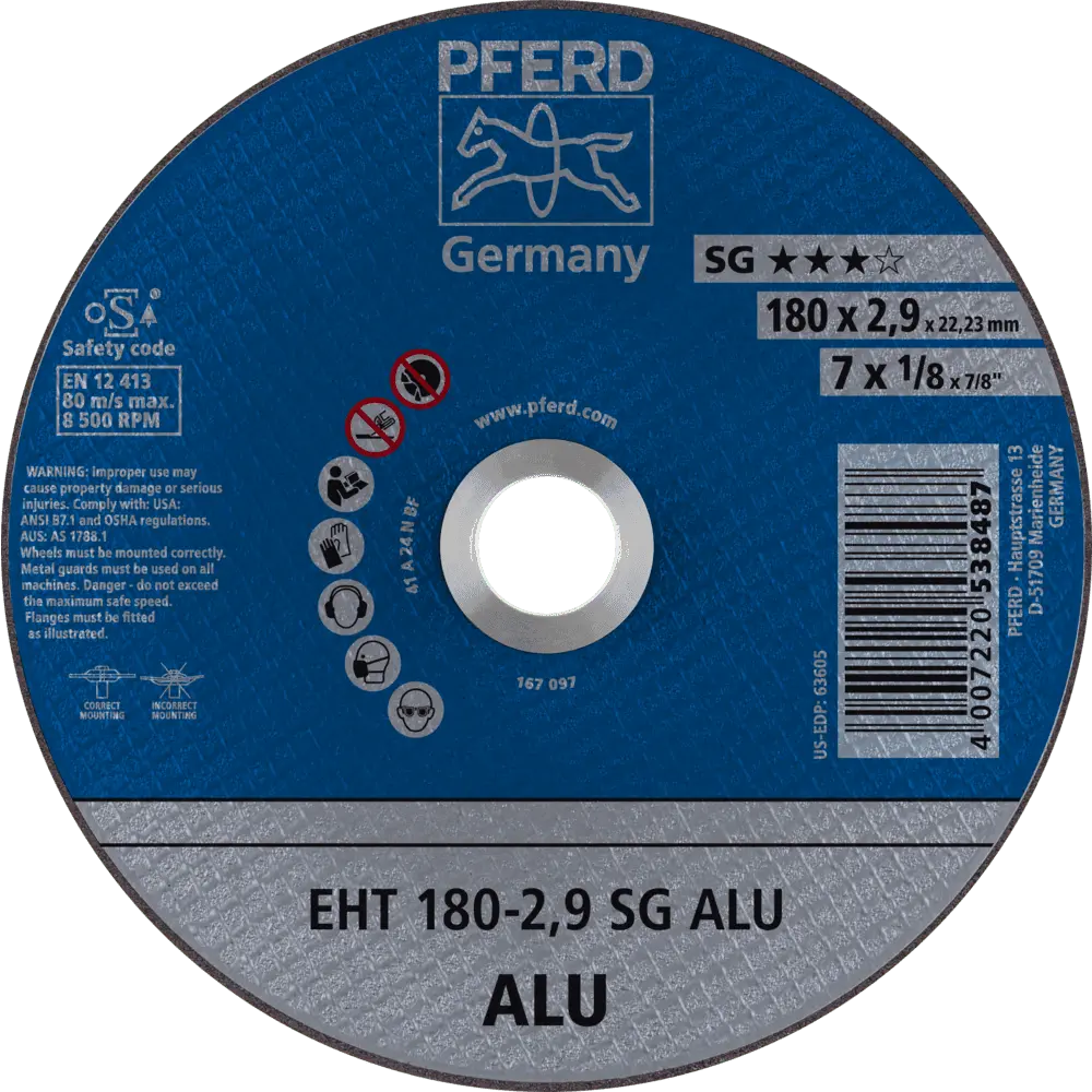 Produktfoto 1 von PFERD TOOLS Trennscheibe EHT 180x2,9x22,23 mm gerade Leistungslinie SG ALU für Alu, 25 Stk.