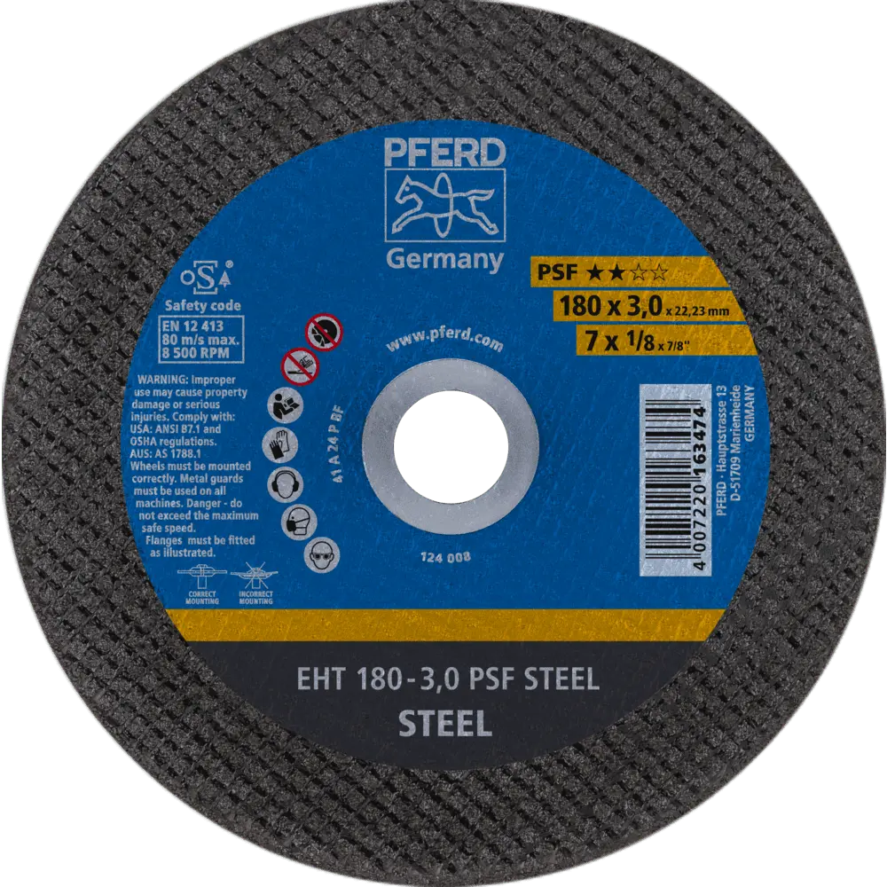 Produktfoto 1 von PFERD TOOLS Trennscheibe EHT 180x3,0x22,23 mm gerade Universallinie PSF STEEL für Stahl, 25 Stk.