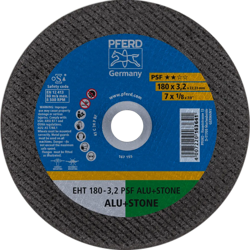 Produktfoto 1 von PFERD TOOLS Trennscheibe EHT 180x3,2x22,23 mm gerade Uni.-Linie PSF ALU+STONE für Alu/NE-Met./Stein, 25 Stk.