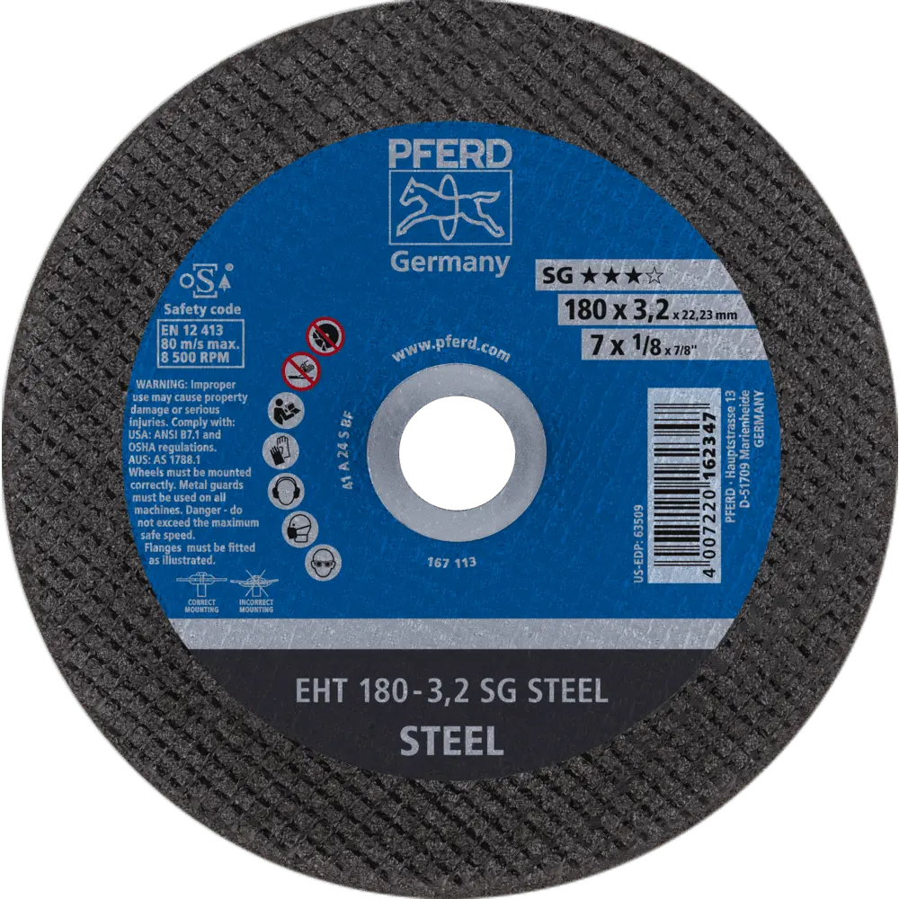 Produktfoto 1 von PFERD TOOLS Trennscheibe EHT 180x3,2x22,23 mm gerade Leistungslinie SG STEEL für Stahl, 25 Stk.
