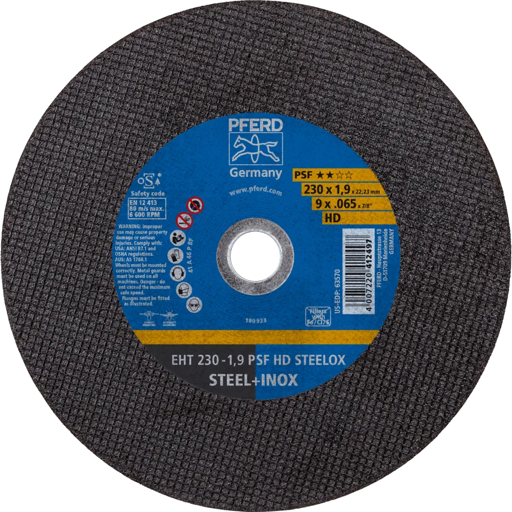 Produktfoto 1 von PFERD TOOLS Trennscheibe EHT 230x1,9x22,23 mm gerade Universallinie PSF HD STEELOX für Stahl/Edelstahl (25), 25 Stk.