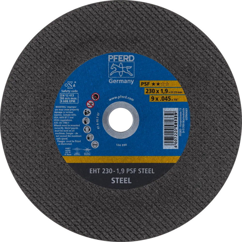 Produktfoto 1 von PFERD TOOLS Trennscheibe EHT 230x1,9x22,23 mm gerade Universallinie PSF STEEL für Stahl, 25 Stk.