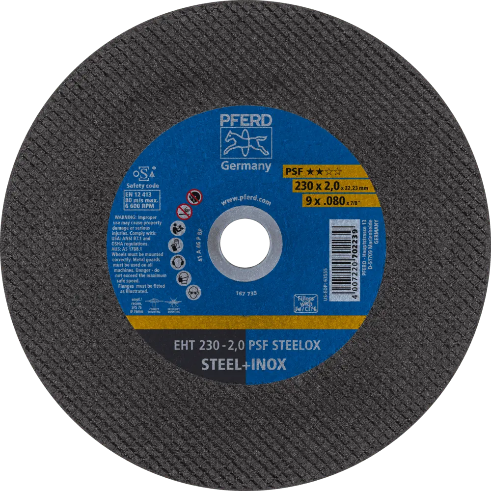 Produktfoto 1 von PFERD TOOLS Trennscheibe EHT 230x2,0x22,23 mm gerade Universallinie PSF STEELOX für Stahl/Edelstahl, 25 Stk.