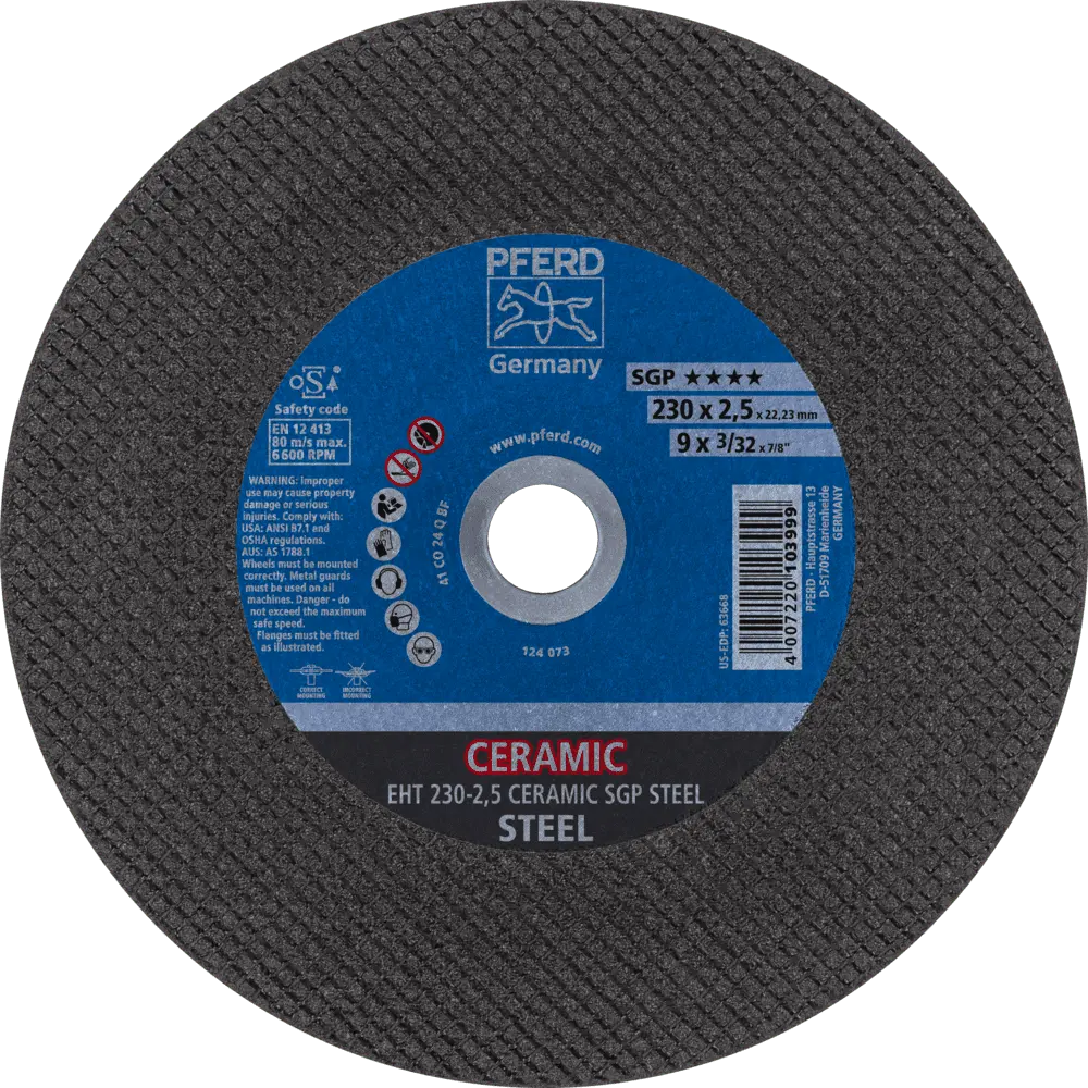 Produktfoto 1 von PFERD TOOLS Trennscheibe EHT 230x2,5x22,23 mm gerade CERAMIC Speziallinie SGP STEEL für Stahl, 25 Stk.