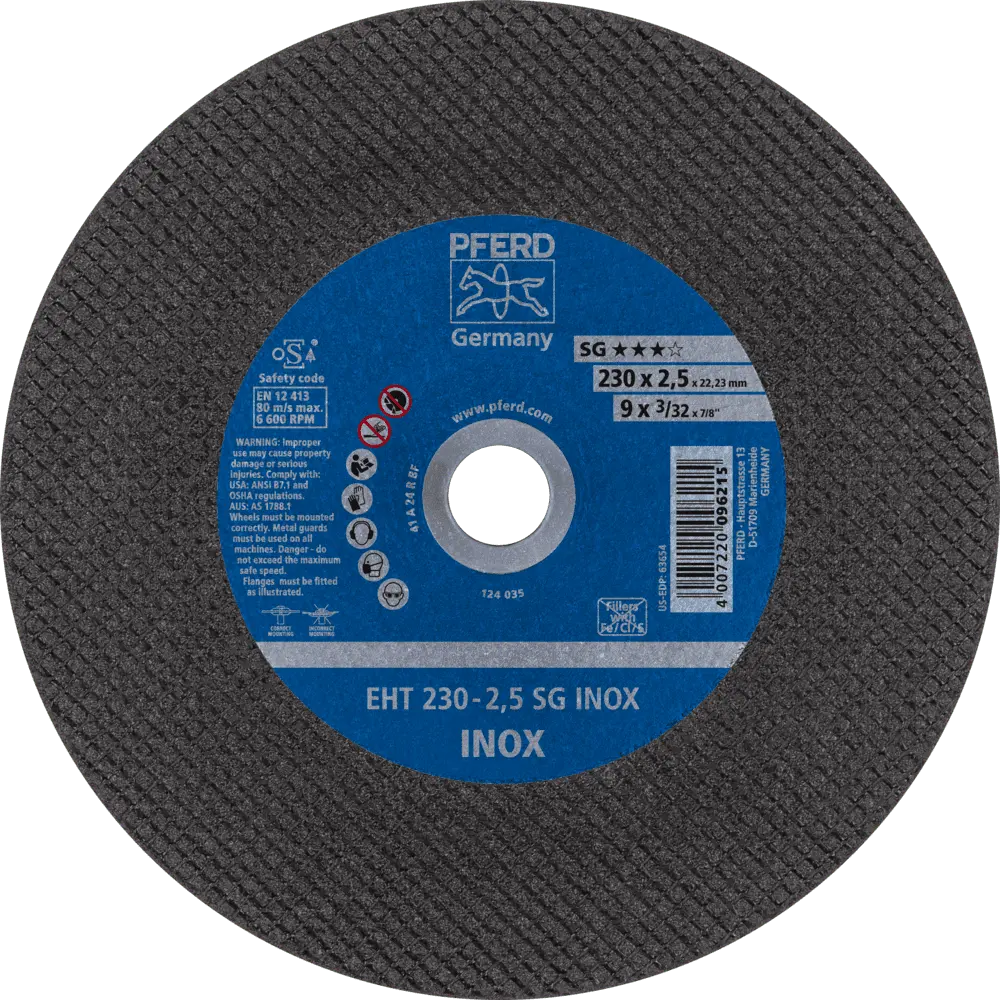 Produktfoto 1 von PFERD TOOLS Trennscheibe EHT 230x2,5x22,23 mm gerade Leistungslinie SG INOX für Edelstahl, 25 Stk.