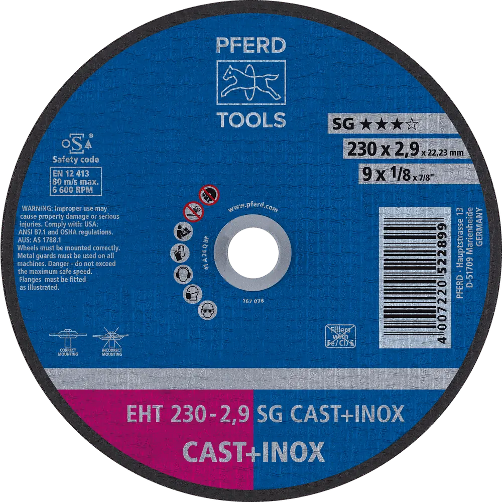 Produktfoto 1 von PFERD TOOLS Trennscheibe EHT 230x2,9x22,23 mm gerade Leistungslinie SG CAST+INOX für Guss/Edelstahl, 25 Stk.