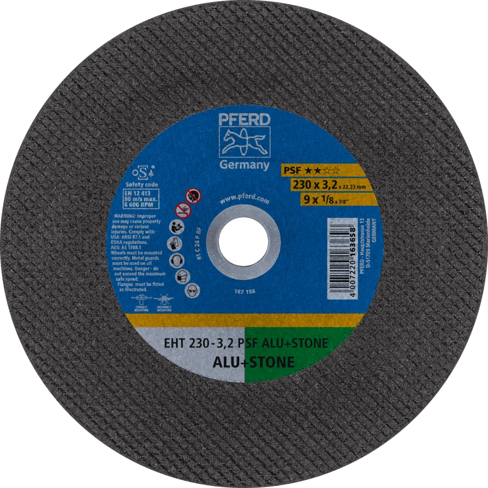 Produktfoto 1 von PFERD TOOLS Trennscheibe EHT 230x3,2x22,23 mm gerade Uni.-Linie PSF ALU+STONE für Alu/NE-Met./Stein, 25 Stk.