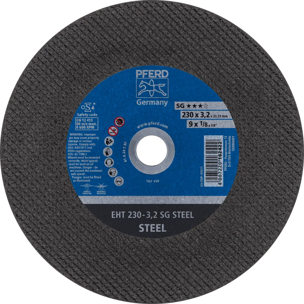Produktfoto 1 von PFERD TOOLS Trennscheibe EHT 230x3,2x22,23 mm gerade Leistungslinie SG STEEL für Stahl, 25 Stk.