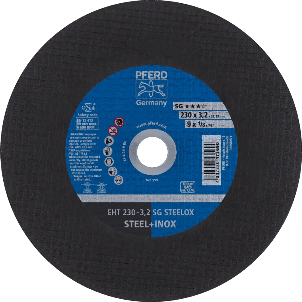 PFERD TOOLS Trennscheibe EHT 230x3,2x22,23 mm gerade Leistungslinie SG STEELOX für Stahl/Edelstahl, 25 Stk.